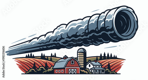 A dramatic storm cloud approaches a rural farm with fields and trees
