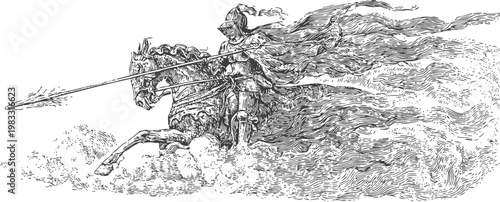 Medieval knight in armor charging on horseback with lance and flowing cape detailed line art