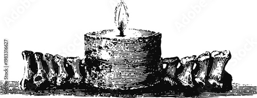 vintage candle burning surrounded by autumn leaves and sticks, monochrome engraving illustration