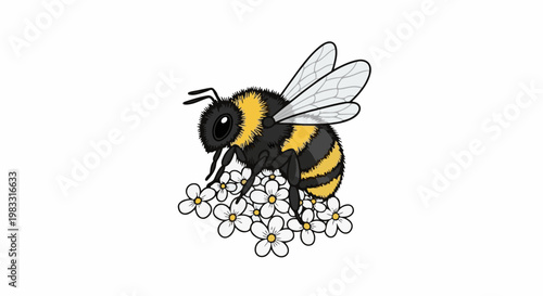 A fuzzy bee with yellow and black stripes sits on small white flowers