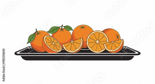 A platter of whole and sliced oranges, some with leaves, presented on a black tray