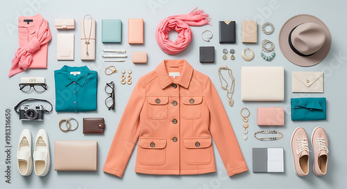 Flat lay of women's apparel and accessories, stylish collection of fashion items.