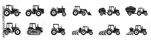Tractor icon set. Set of tractor and agricultural farm machinery icons. Vector Illustration. EPS 10