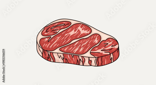 A hand-drawn illustration of a thick, marbled cut of raw red meat