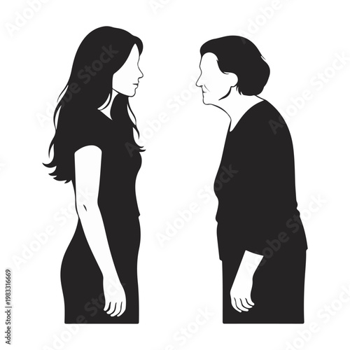 Profile silhouettes of a young woman and an elderly woman facing each other, symbolizing generations and comparison.