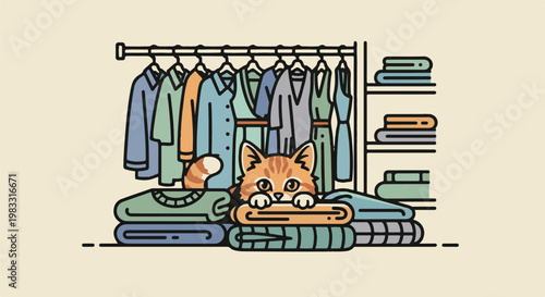 A playful orange cat peeks out from a stack of clothes in a closet