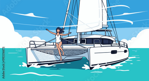 Woman dances on a white catamaran sailing on turquoise waters under a blue sky