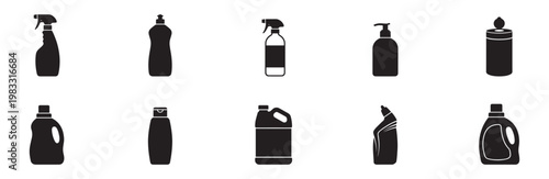 Household Cleaning Product Bottles Icon Set. Detergent and Chemical Container Silhouettes Isolated on White Background. Vector Illustration. EPS 10