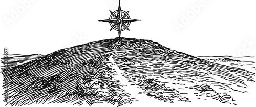 hand drawn compass rose on hilltop with winding path, vintage navigation illustration
