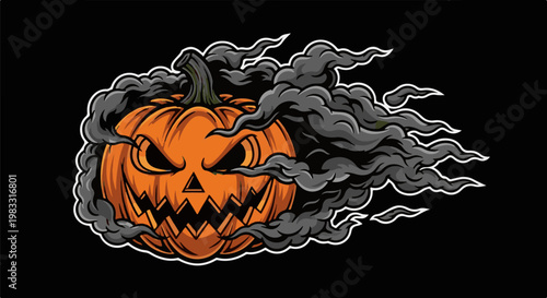 A carved pumpkin with an evil face engulfed in dark smoke