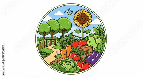 A charming cartoon depiction of a bountiful garden with vegetables and a sunflower