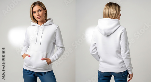 White hoodie on woman, front and back view, studio fashion portrait lifestyle.
