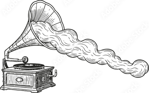 Vintage gramophone with sound waves flowing from horn, antique music player illustration