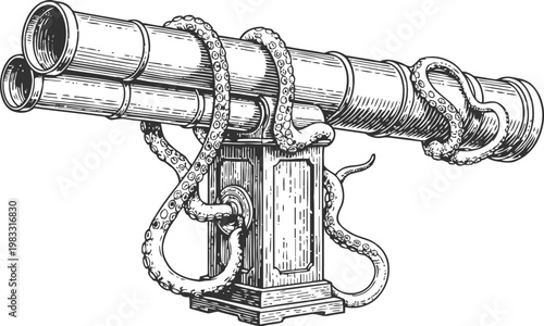 Vintage marine telescope wrapped with octopus tentacles in detailed hand drawn engraving