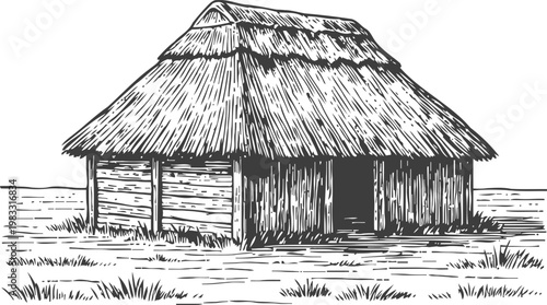 Traditional thatched roof hut with wooden walls in rural landscape, vintage hand drawn illustration