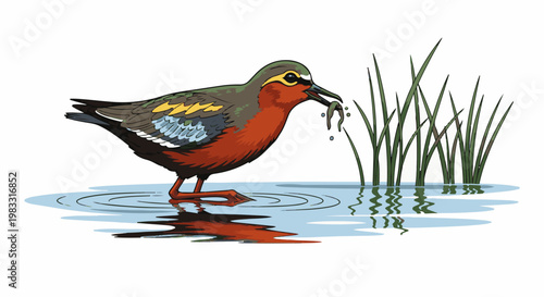 A colorful bird with a worm in its beak stands in shallow water