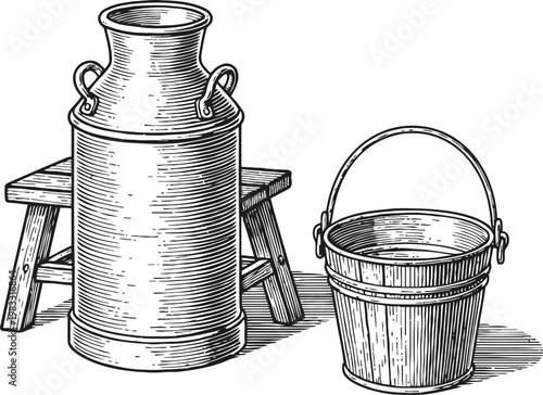 Vintage milk can and wooden bucket with bench farm dairy containers illustration
