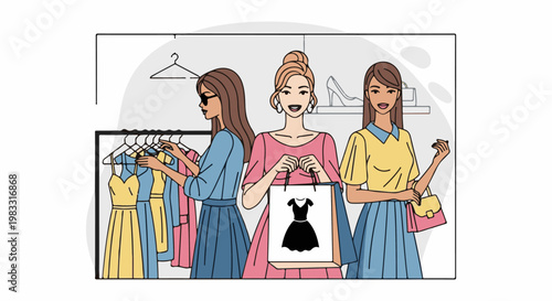Three women in a clothing store, looking at dresses on a rack