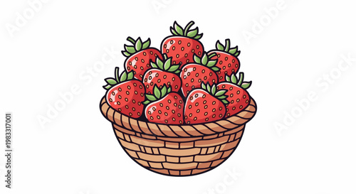 A rustic basket overflows with ripe, red, cartoon strawberries