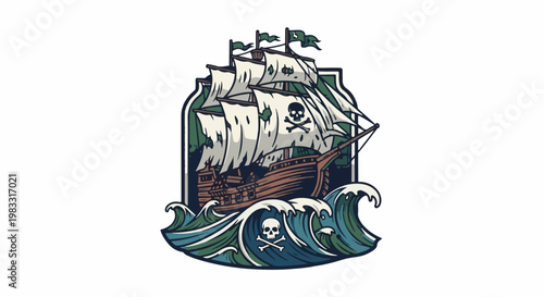 A stylized pirate ship in a bottle on stormy seas with skull motifs