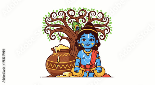 A playful blue child sits cross-legged by a overflowing pot of butter under a tree