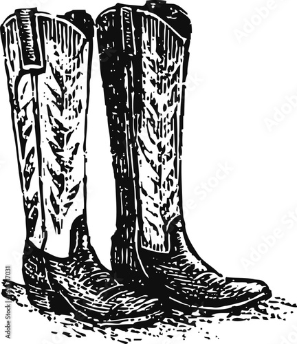 Western cowboy boots vintage engraving classic leather tall footwear with decorative stitching and heel