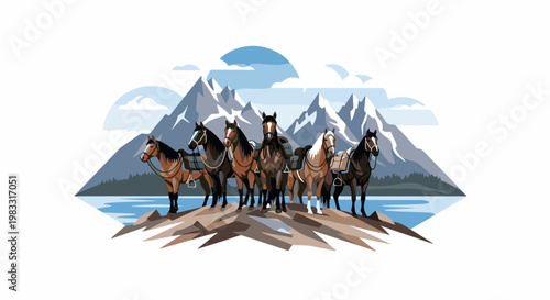 A herd of horses stands on a rocky outcrop before a mountain lake