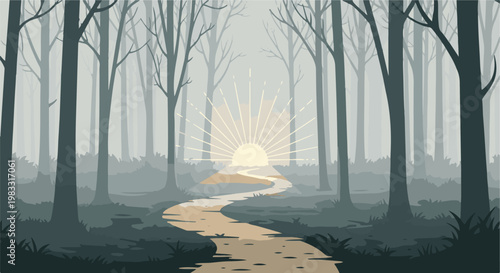 A winding path through a misty forest leads towards a radiant sunrise