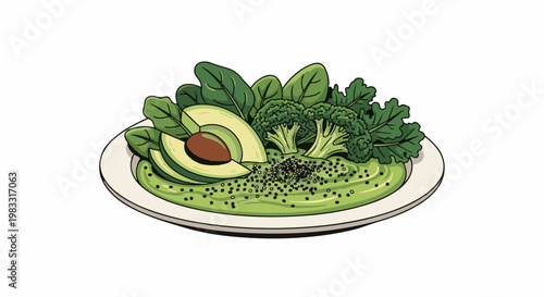 A vibrant illustration of a healthy green meal on a white plate