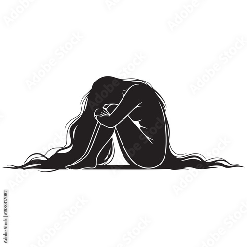 A woman with long, flowing hair sits curled up tightly, embracing her knees in a posture of deep sadness.
