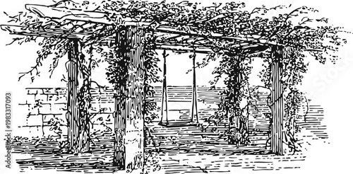 Vintage garden swing hanging from wooden pergola with climbing plants and rustic stone wall