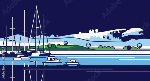 A minimalist graphic of a harbor with sailboats, a motorboat, and a stylized wave