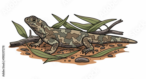 Camouflaged lizard resting among dry leaves and twigs on the ground