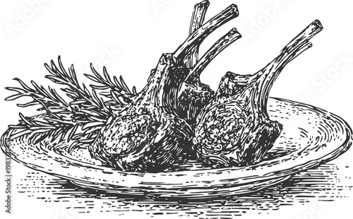 Grilled lamb chops on plate with fresh rosemary herb garnish vintage black and white engraving