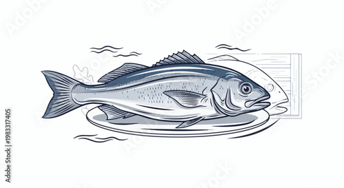 Two stylized fish, one prominently displayed on a plate, the other behind it