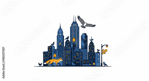 Urban wildlife, a fox, birds, and a squirrel, amidst city buildings