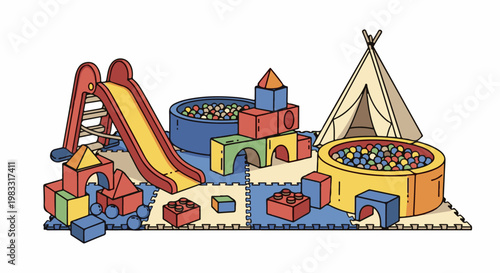 Colorful indoor play area with slide, ball pits, blocks, and teepee