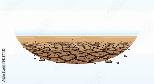 Cracked, dry earth stretches towards a faint horizon under a pale sky