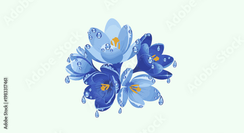 Delicate blue flowers adorned with glistening water droplets against a pale background