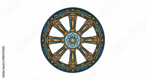 Intricate dharma wheel illustration with floral center and decorative rim