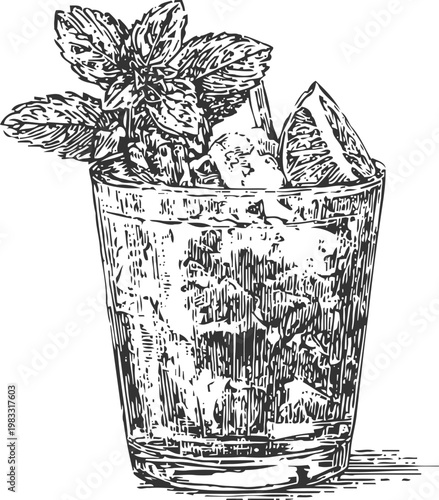 Mint mojito cocktail glass with fresh lime wedge and crushed ice vintage hand drawn illustration
