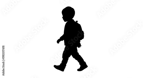 Silhouette of a young boy with a backpack walking to the left.