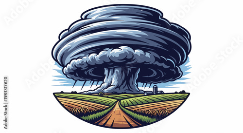 Massive tornado descends on a rural farm with a dirt road