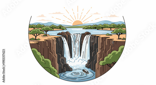 Majestic waterfall cascade under a vibrant, sunlit sky with surrounding flora