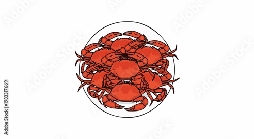 Pile of red cooked crabs on a white plate, close-up view