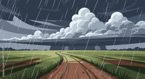 Pixel art landscape of a dirt road in a green field during a rain shower under a stormy sky