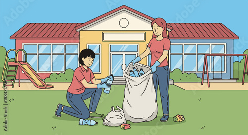 People cleaning up litter in a schoolyard near a playground