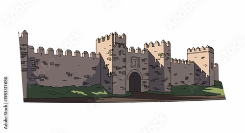 Medieval stone fortress gate with crenellated battlements and grassy mounds
