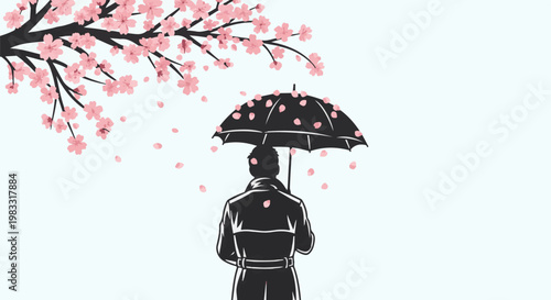 Silhouette under blooming cherry tree with falling petals on umbrella