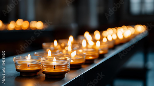 Row of lit church candles glowing softly in a dim sacred interior, spiritual ambiance concept, faith and hope symbol, religious ceremony photography, with copy space